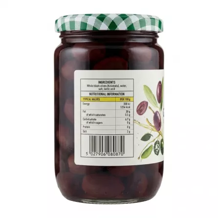 Back label showing nutrition and ingredients with barcode on Greenfields Kalamata Olives 720g jar