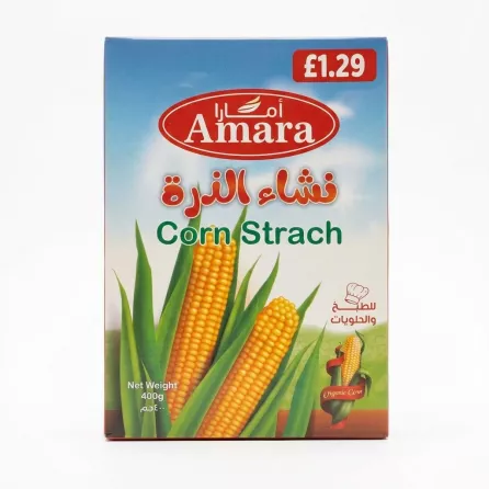 Amara Corn Starch 400g box front, £1.29 price label