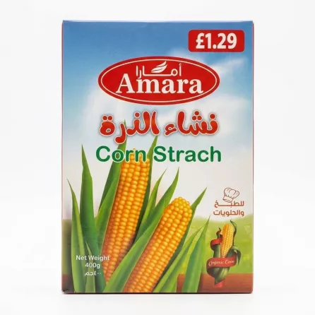 Front of Amara Corn Starch 400g package shown in hand