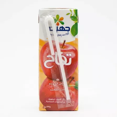 Back of Juhayna Apple Fruit Drink carton with two straws attached and apple imagery