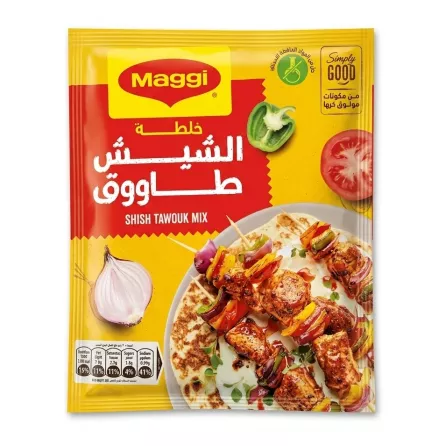 Front of Maggi Shish Tawouk Mix 30g packet with skewer dish shown