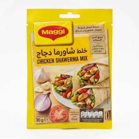 Front of Maggi Chicken Shawerma Mix 30g sachet with vibrant packaging