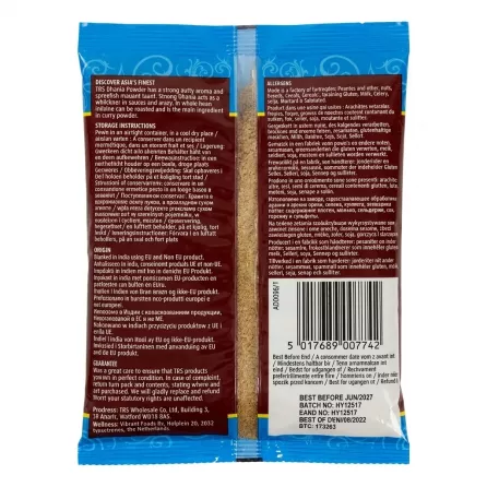 Back of TRS Dhania Coriander Powder 100g pack with product and allergen information