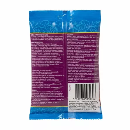 Back of TRS Crushed Chillies Extra Hot packet with usage instructions