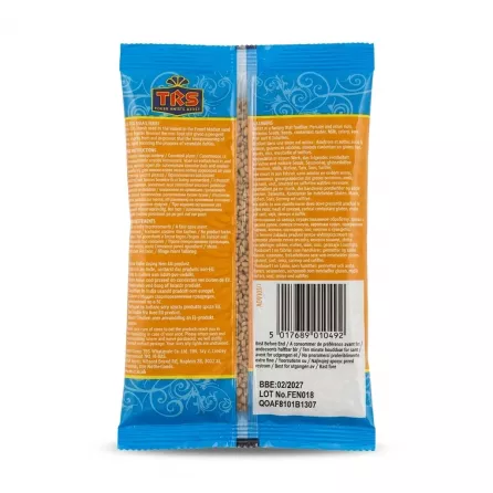 Back of TRS Methi Seeds Fenugreek Seeds 100g pack with product information