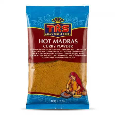 Front of TRS Hot Madras Curry Powder 100g packet