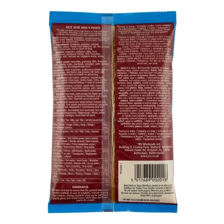 Back of TRS Hot Madras Curry Powder packet with product information
