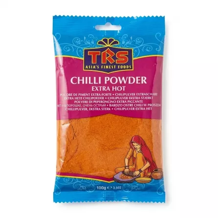 Front of TRS Chilli Powder Extra Hot packet 100g with product label.