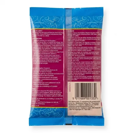 Back of TRS Chilli Powder Extra Hot showing ingredients and allergen information.
