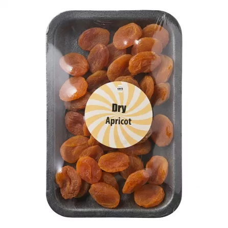 Front view of a pack of Sara Dry Apricot showing dried, pitted apricots in clear packaging