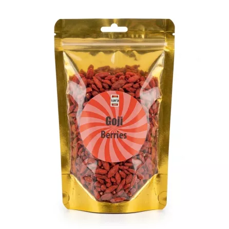 Front view of Sara Goji Berries 200g in gold resealable pouch