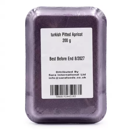 Back label of Sara Turkish Pitted Apricot 200g pack with barcode and best before date