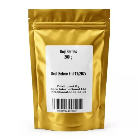 A clean, studio photograph of a golden stand-up pouch containing 200g of Sara Goji Berries. The back label is clearly visible against a white background, featuring product information, distributor details, a barcode, and a best-before date of End 11/2027.