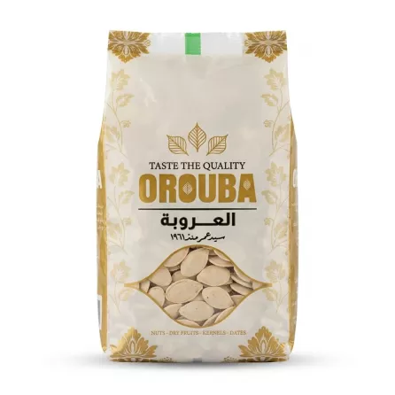 A professional studio photograph of a 1:1 scale sealed white and gold packet of Orouba Roasted Pumpkin Seeds, clearly displaying the brand name and product details against a solid white background.