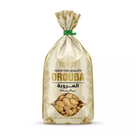 Front view of Orouba roasted watermelon seeds in gold and white packaging