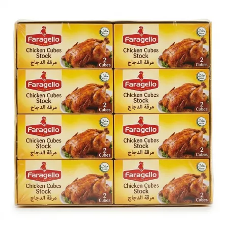 Front view of Faragello Chicken Cubes Stock 24x2 packaging
