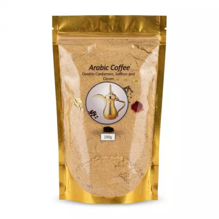 Front of a 200g pack of premium Arabic Coffee with double cardamom, saffron, and cloves in a gold pouch.