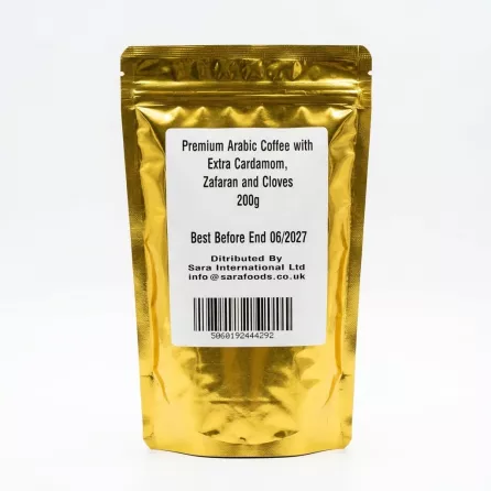 Back of the 200g Arabic Coffee pack displaying ingredients, expiry, distributor, and a barcode.