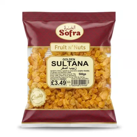 A 500g bag of Sofra Golden Sultana dried fruit with a visible golden raisin fill and a 'Quality Guarantee' stamp.
