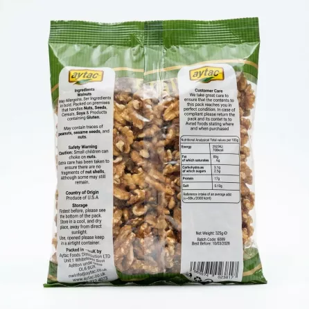 Back of Aytac Walnut 325g pack with ingredients, nutritional information, and product details