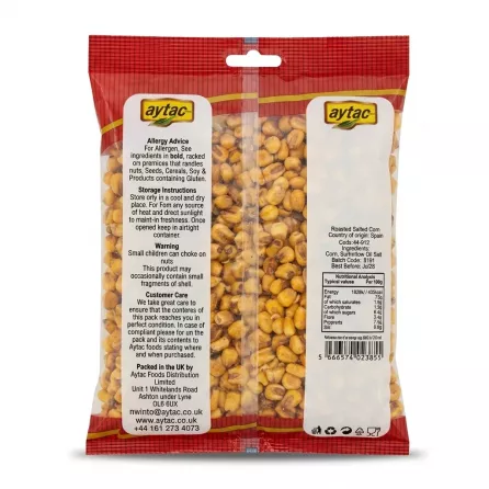 Back of Aytac Salted Corn pack showing allergy advice and distribution details