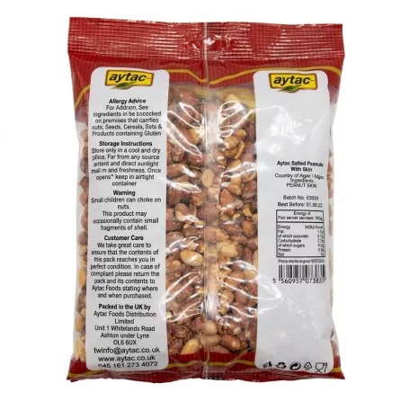A professional studio photograph of the back of an Aytac Salted Peanuts With Skin pack, featuring legible allergy and care information on a clean white background.