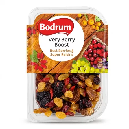 Bodrum Very Berry Boost snack mix front label with berries and raisins visible