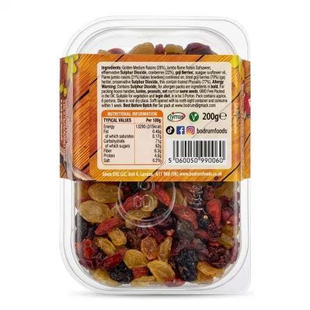 Back of Bodrum Very Berry Boost pack showing ingredients and nutrition table
