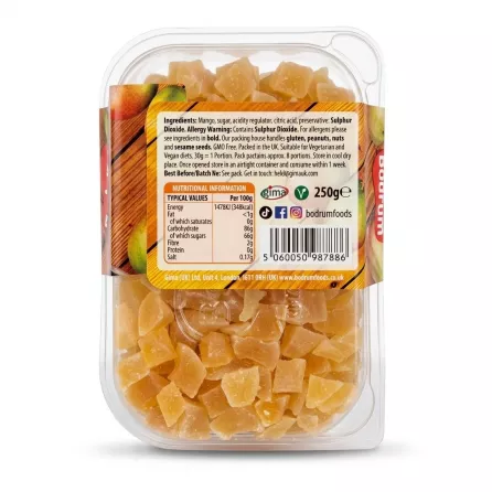 Back of Bodrum Dried Diced Mango 250g pack with nutritional information and ingredients