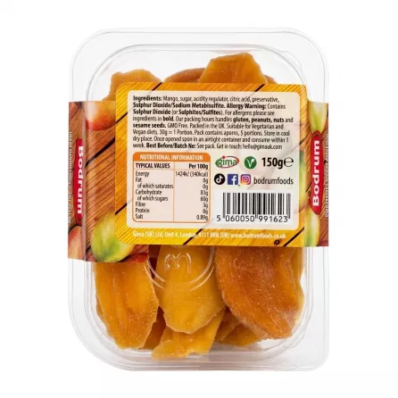 Back view of Bodrum Dried Mango Strips 150g showing ingredients and nutrition