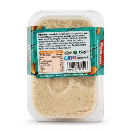 Back of Bodrum Ground Almonds pack with nutritional and ingredient details