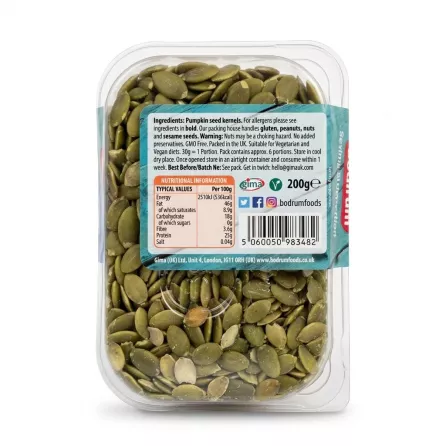 Back view of Bodrum Pumpkin Seed Kernels 200g pack displaying nutritional facts and ingredients