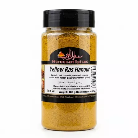 Moroccan Spices Yellow Ras Hanout jar held in hand, showing front label and vibrant yellow spice mix inside