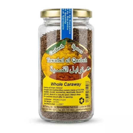 Front view of Casbash Whole Caraway Seeds 150g glass jar with label