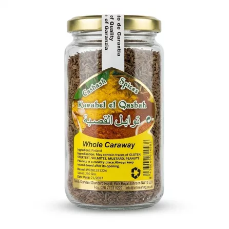 Side view of Casbash Whole Caraway Seeds 150g glass jar highlighting spice contents