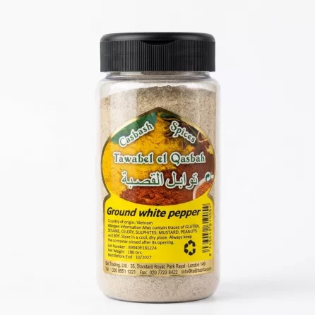 Casbash Ground White Pepper 180g spice jar front label in hand