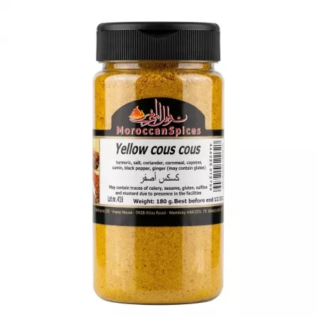 Front view of Moroccan Spices Yellow Cous Cous Spice 180g jar with label details