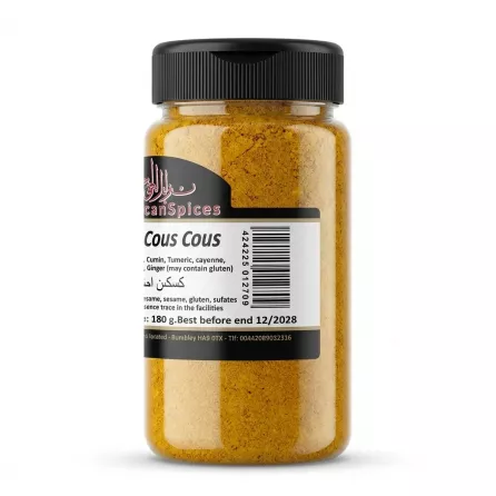 Side view of Moroccan Spices Yellow Cous Cous Spice 180g jar showing barcode and expiry