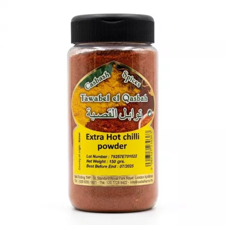 Front view of Qasbah Extra Hot Chilli Powder 150g jar with yellow label