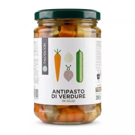 Front view of Italcriofi Antipasto di Verdure in Olio jar with illustrated vegetables on the label
