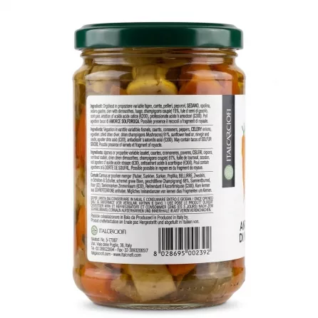 Back label of Italcriofi Antipasto di Verdure in Olio showing ingredients and barcode
