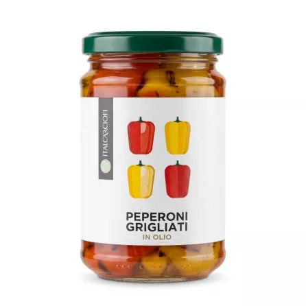 Front label of Italcriofi Peperoni Grigliati in Oil 280g jar showing colourful peppers