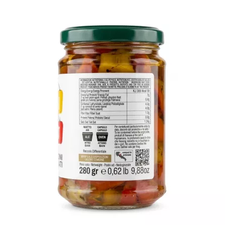 Back label of Italcriofi Grilled Peppers in Oil 280g with nutritional information