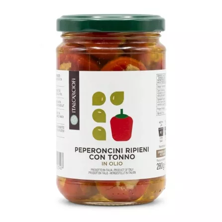 Front view of Italcarciofi Peperoncini Ripieni Con Tonno jar