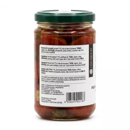 Back label of Italcarciofi Peperoncini Ripieni Con Tonno showing ingredients and barcode
