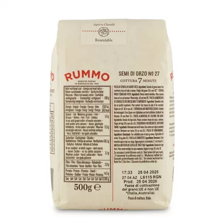 Back of Rummo Semi di Orzo No.27 Pasta pack showing nutritional information