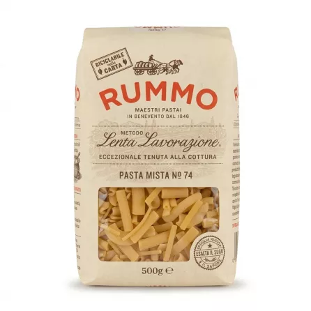 Front view of Rummo Pasta Mista No.74 500g bag with visible pasta shapes