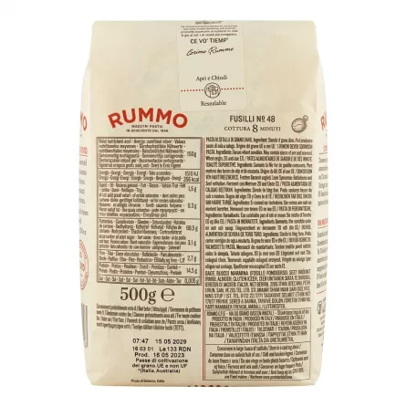 Back of Rummo Fusilli No 48 with ingredients and nutritional information