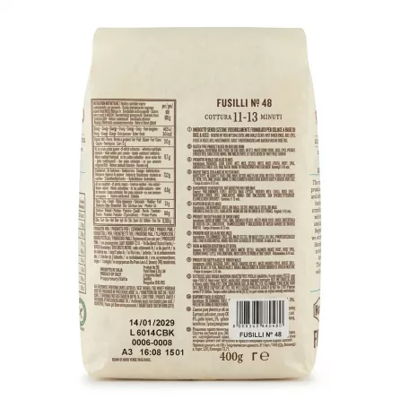 Back of Rummo Fusilli No.48 Gluten Free Pasta showing nutrition and ingredients