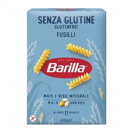 A 1:1 professional e-commerce photograph of a 400g box of Barilla Gluten Free Fusilli Pasta on a solid white background. The front of the box is clearly visible, showing the Barilla logo, gluten-free certifications, cooking time, and a mix of corn and whole grain rice ingredients used for the pasta.